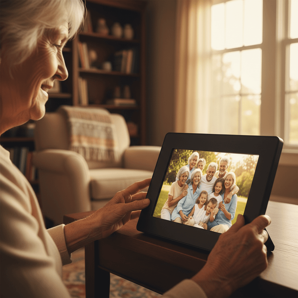 Elderly woman's hands touching digital photo frame displaying family portrait in sunlit living room